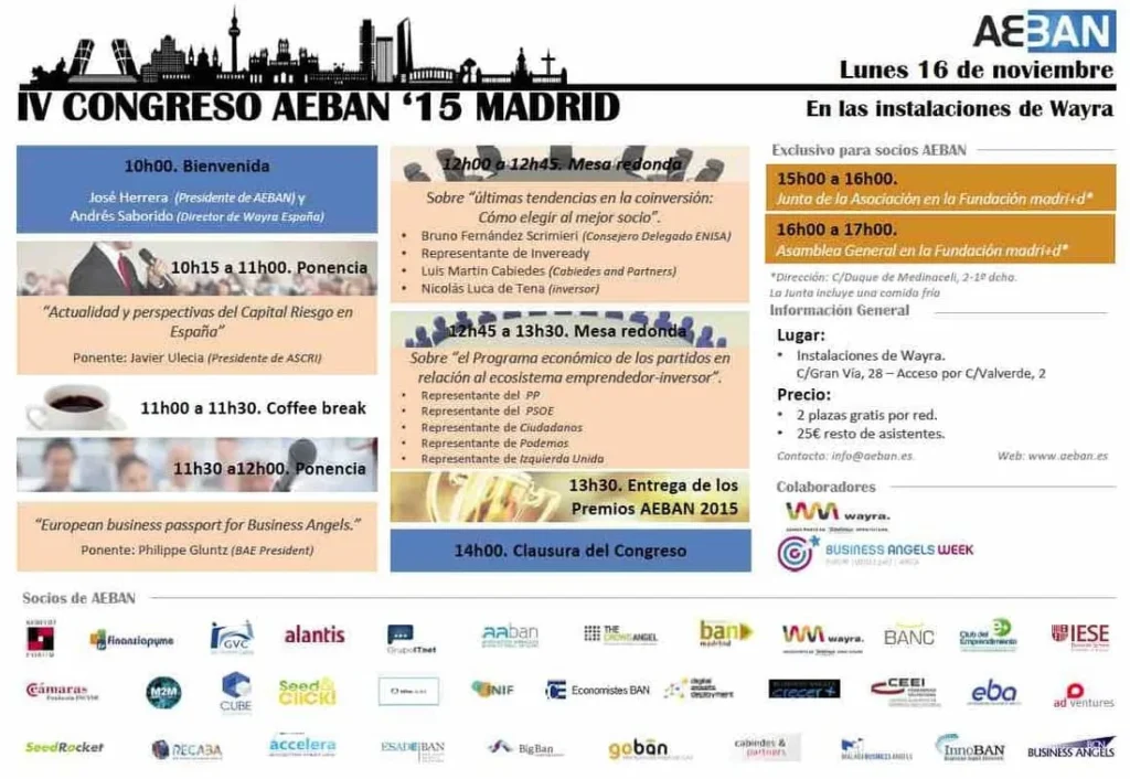 Cartel del IV Congreso AEBAN 2015 celebrado en Madrid sobre Business Angels e inversión en startups
