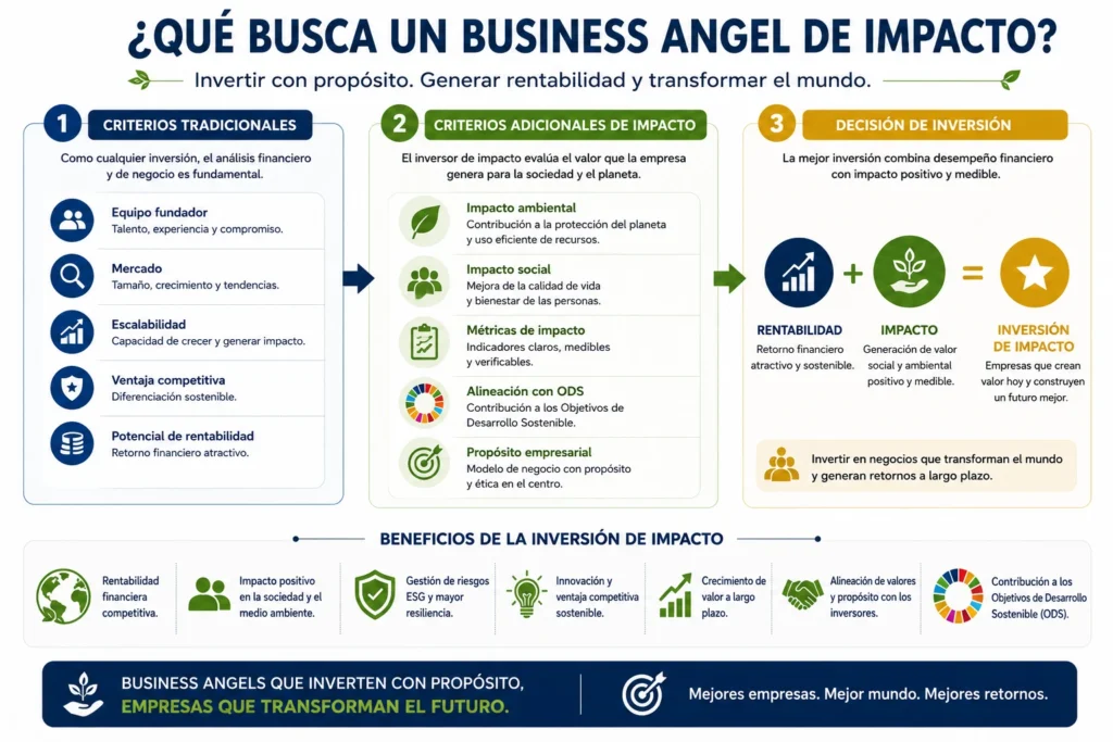 Infografía sobre qué busca un Business Angel de impacto: criterios tradicionales de inversión, métricas de impacto, ODS y decisión de inversión.