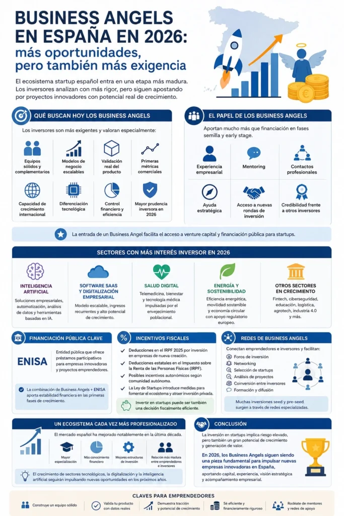 Infografía sobre Business Angels en España en 2026, inversión en startups, ENISA, incentivos fiscales y sectores tecnológicos con mayor interés inversor