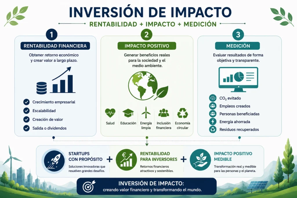 Infografía sobre inversión de impacto: rentabilidad financiera, impacto positivo y medición para Business Angels y startups.