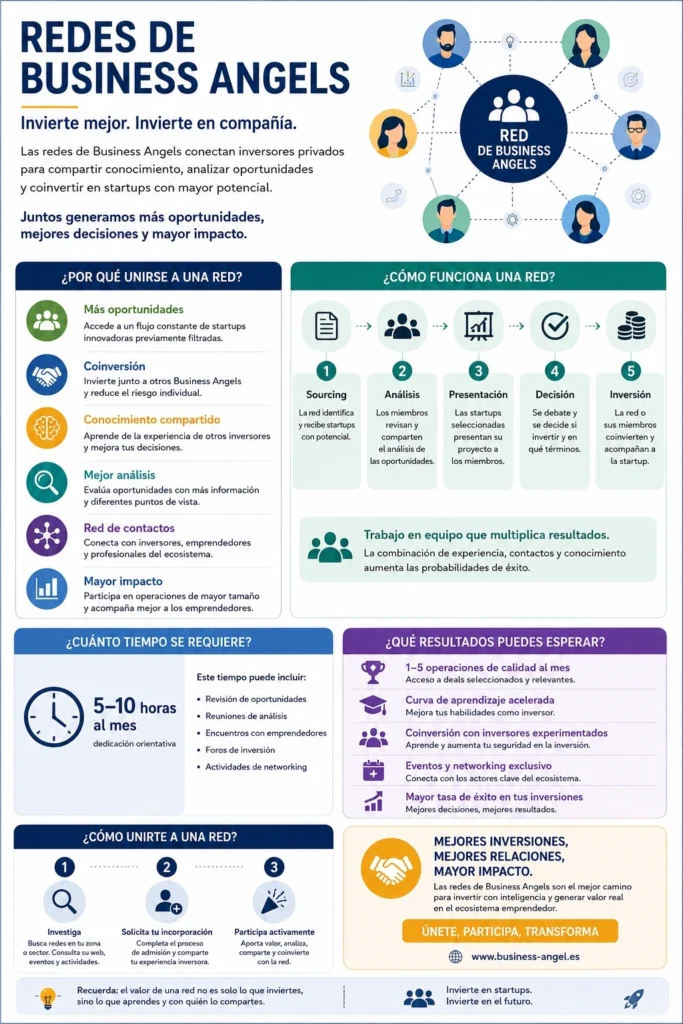 Infografía sobre Redes de Business Angels: ventajas de pertenecer a una red, proceso de inversión, tiempo de dedicación, resultados esperados y pasos para unirse a una red de inversores privados.