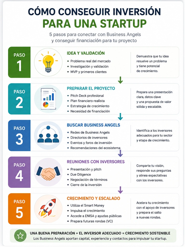 Infografía sobre las principales etapas para conseguir Business Angels para Emprendedores: validación del proyecto, búsqueda de Business Angels, negociación con inversores y crecimiento empresarial.