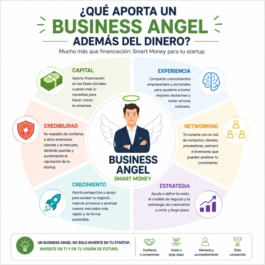 ¿Qué aporta un Business Angel además del dinero? Infografía sobre capital, experiencia, networking, estrategia, credibilidad y crecimiento para startups.